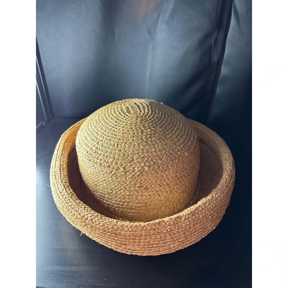 Liz Claiborne Vintage Woven Straw Sun Hat Tan Wide Upturned Brim Summer Beach